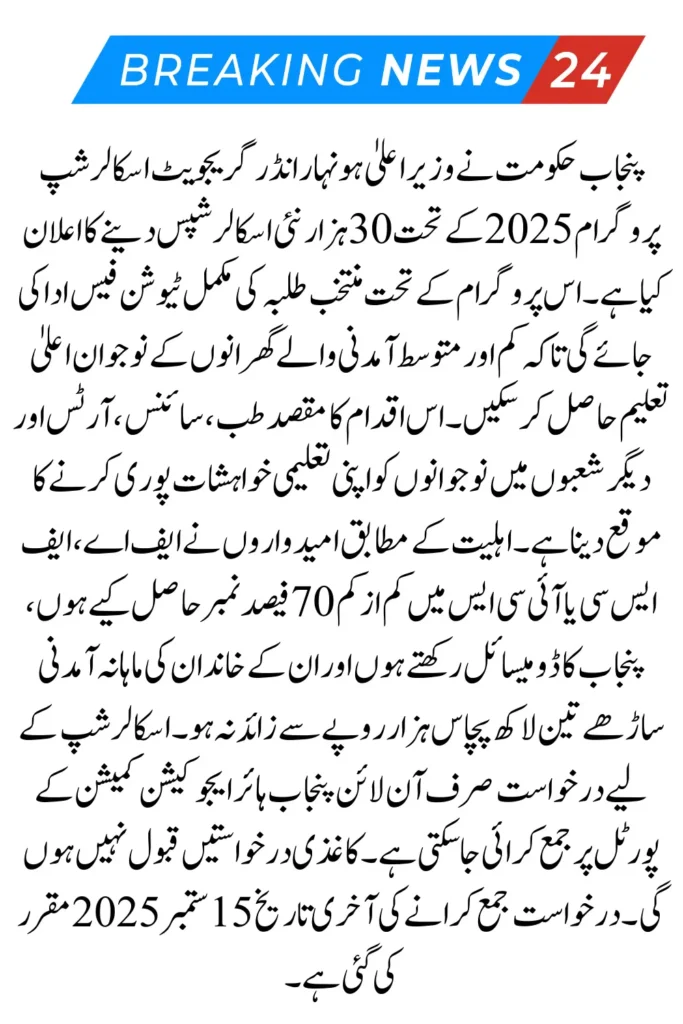 Punjab Honhaar Undergraduate Scholarship 2025 – Last Date 15th September