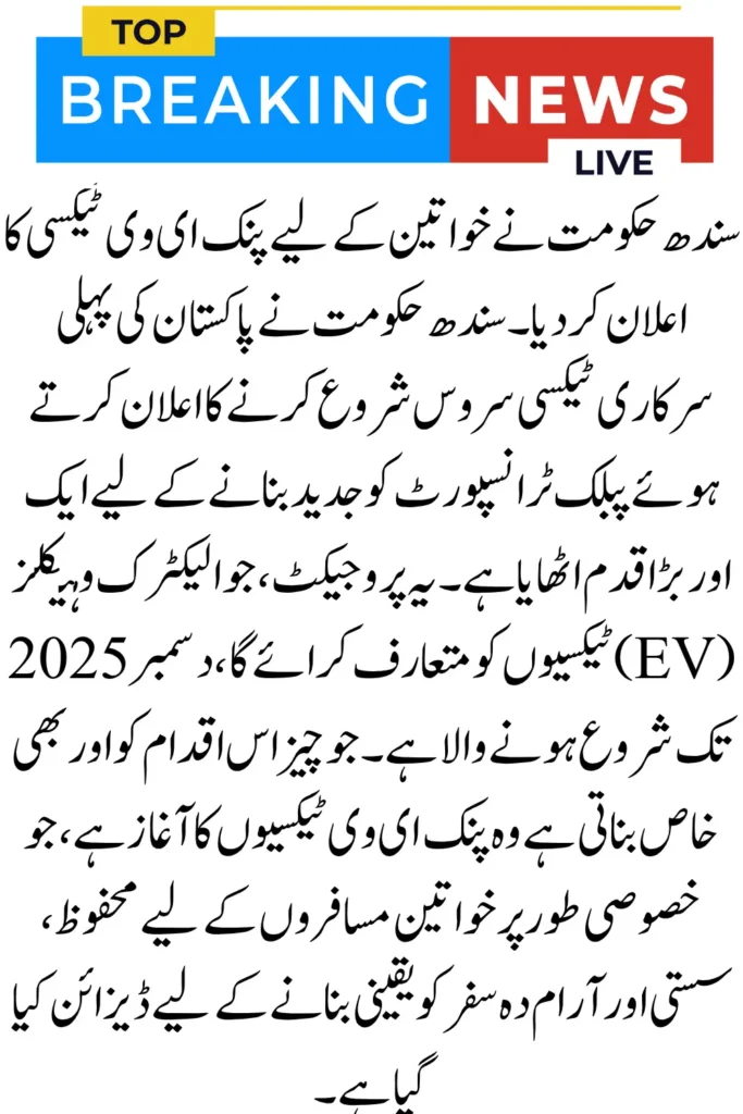 Sindh Govt Announces Pink EV Taxi for Women – Special for Women